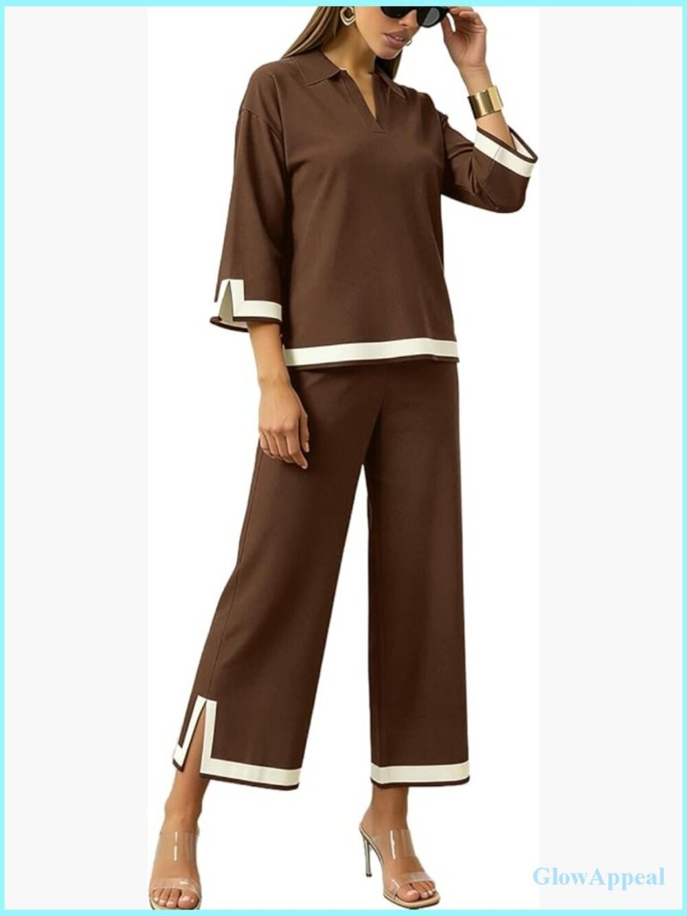 2 Piece Lounge Set 3/4 Sleeve Knit Top Wide Leg Pants Tracksuit